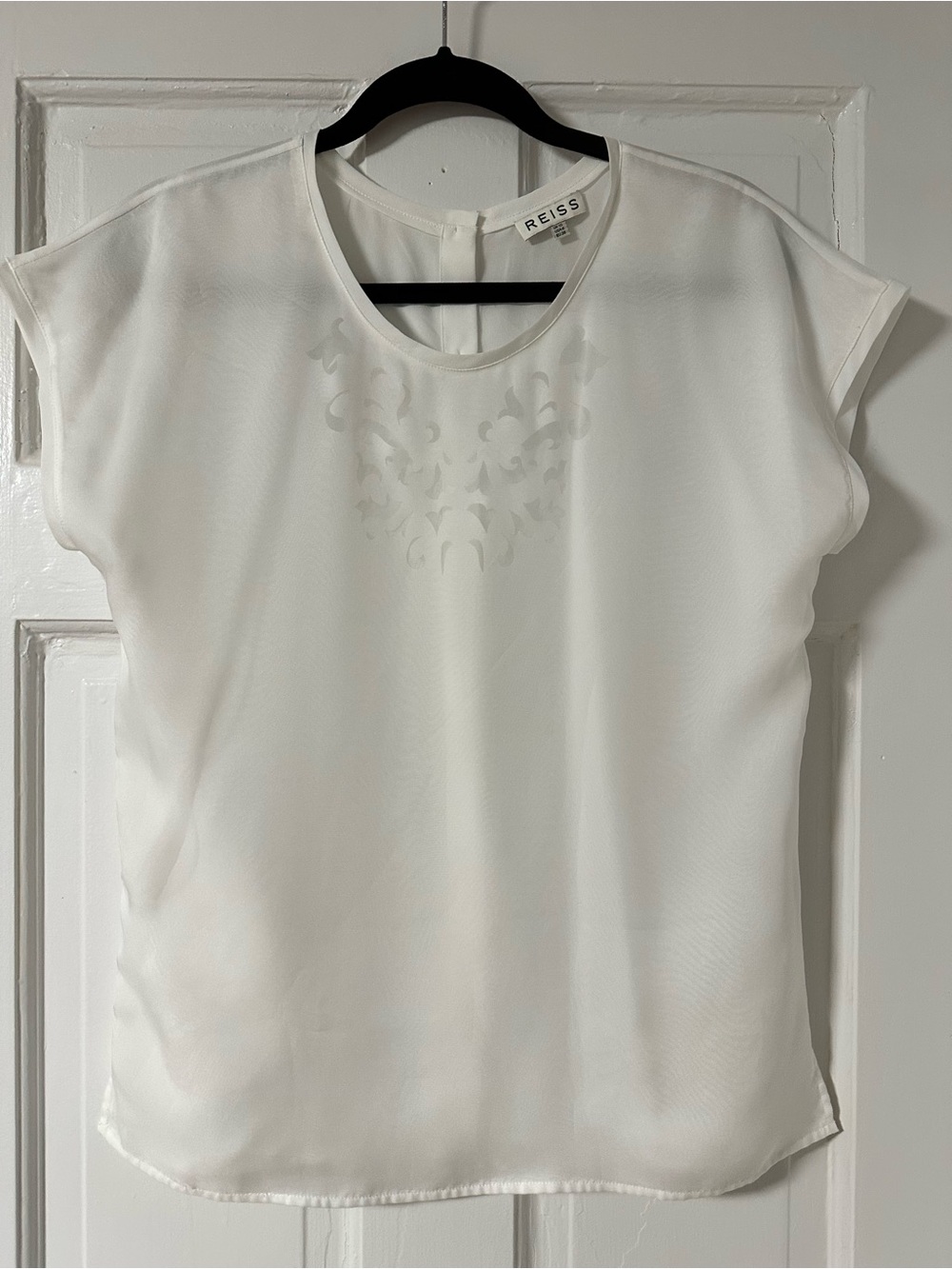 Reiss White Sheer Short-Sleeve Blouse with Tonal Appliqué